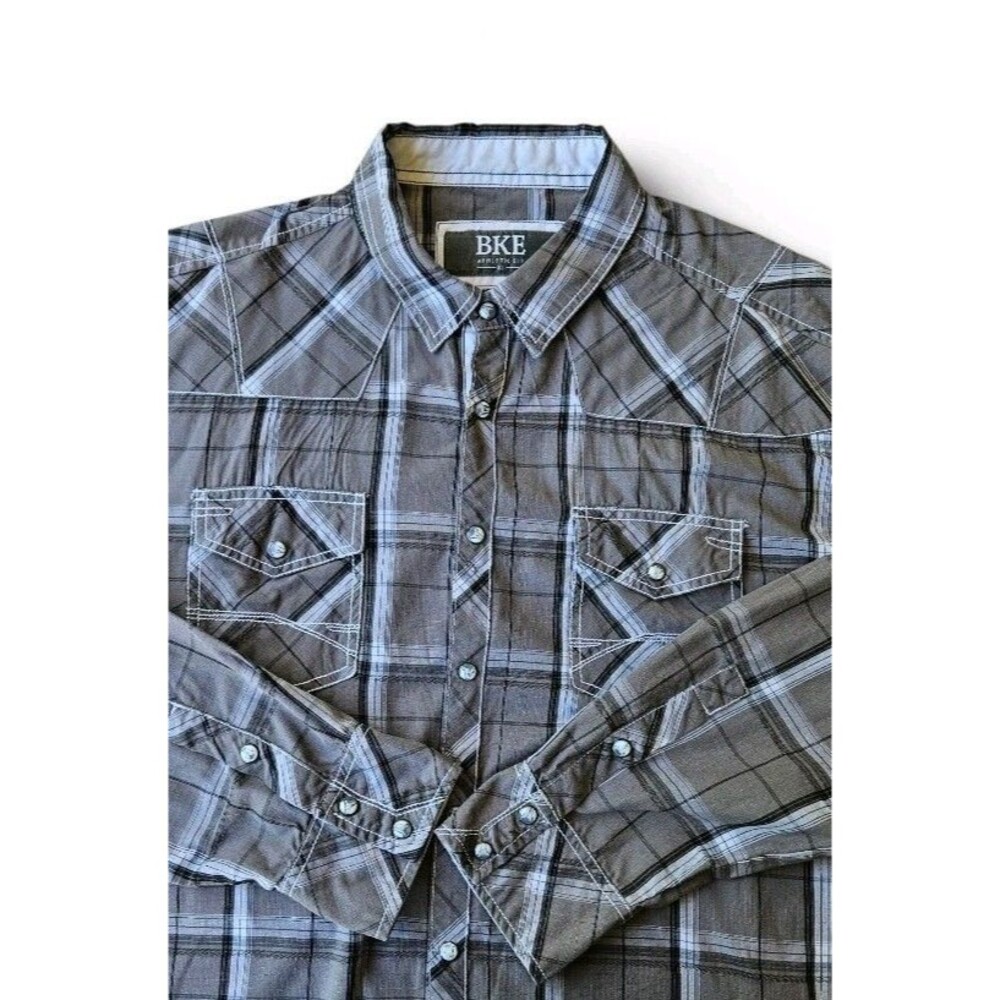 BKE Western Snap Shirt Mens XL Gray Plaid  Athletic Fit Long Sleeve Cowboy
